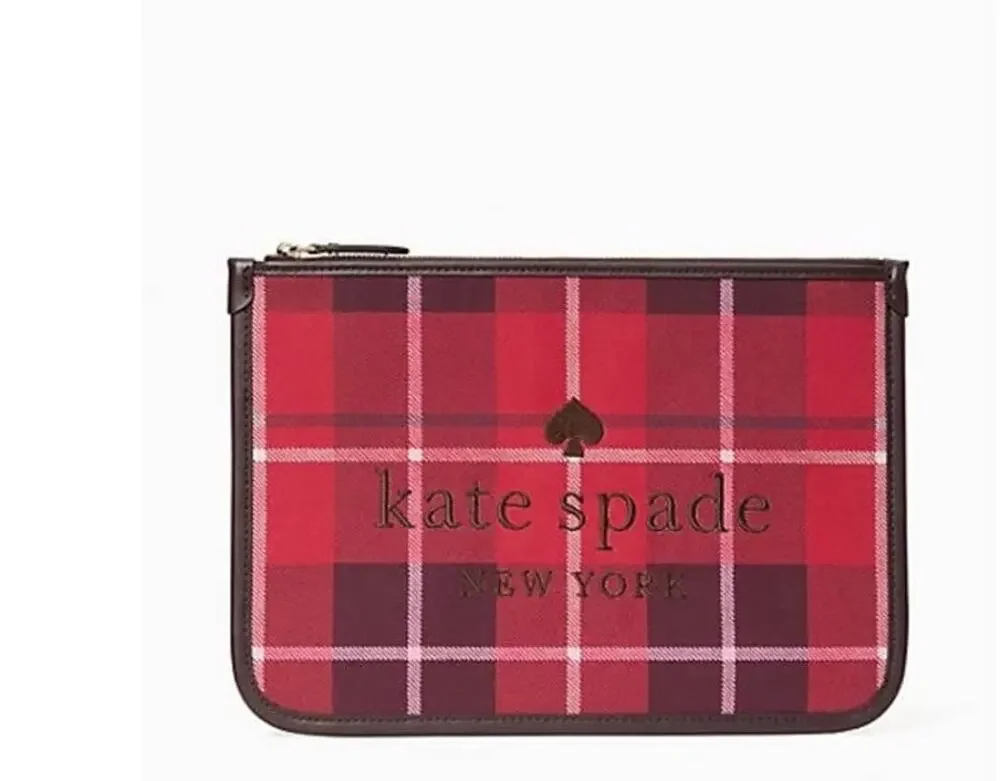 Kate Spade ella plaid large zip pouch New